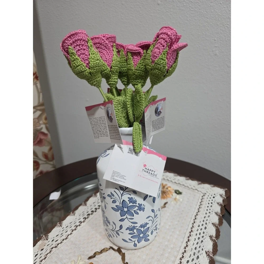 Set of 5 Handmade Crochet Pink Rose Stems – Artificial‎ Floral Decor